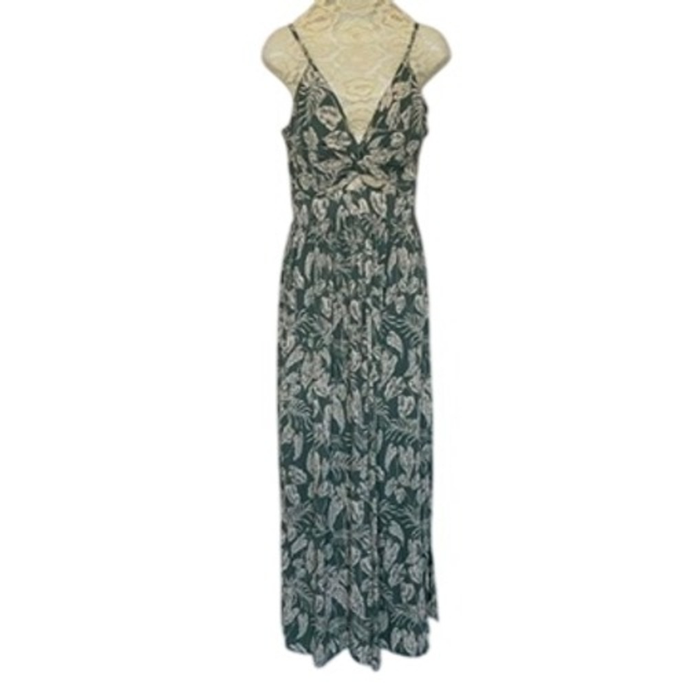 Angie Maxi Dress Womens M Green Tropical Leaf Twist Front Smocked Boho Vacation